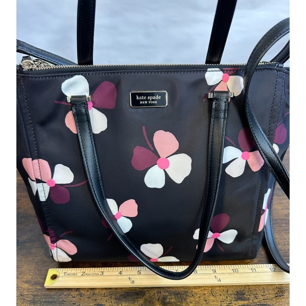 Kate Spade Dawn Dusk Buds Black Floral Nylon Satchel Tote Crossbody Bag Purse - Picture 15 of 16